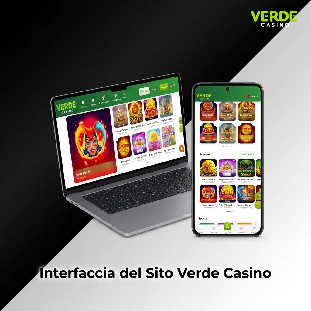 Interfaccia del sito Verde Casino con barra di navigazione per slot, scommesse sportive e live casino