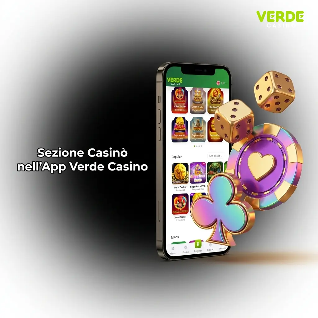 Sezione casinò dell'app Verde Casino con slot, giochi da tavolo e dealer live su schermo mobile