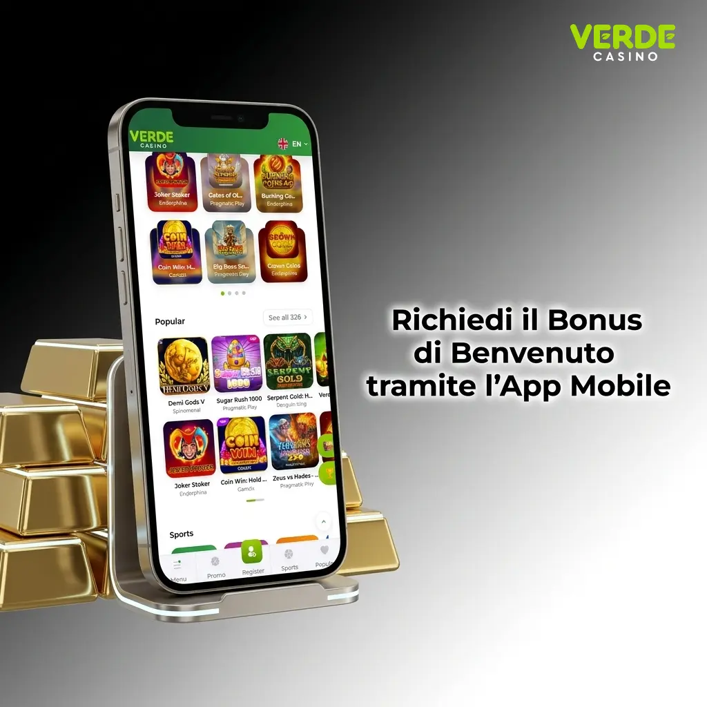 Schermata app Verde Casino su smartphone con bonus di benvenuto disponibile su iOS e Android