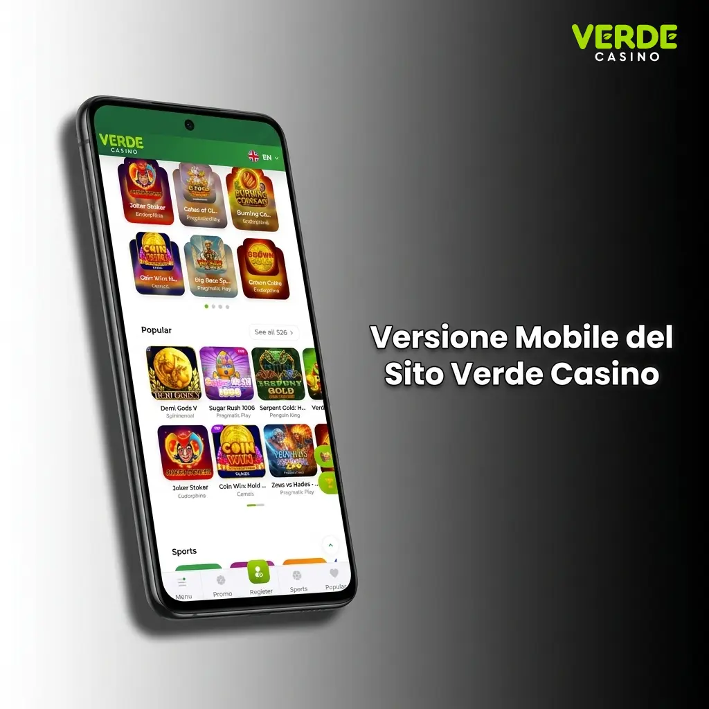 Versione mobile di Verde Casino su smartphone con navigazione touchscreen, giochi e funzioni complete senza app