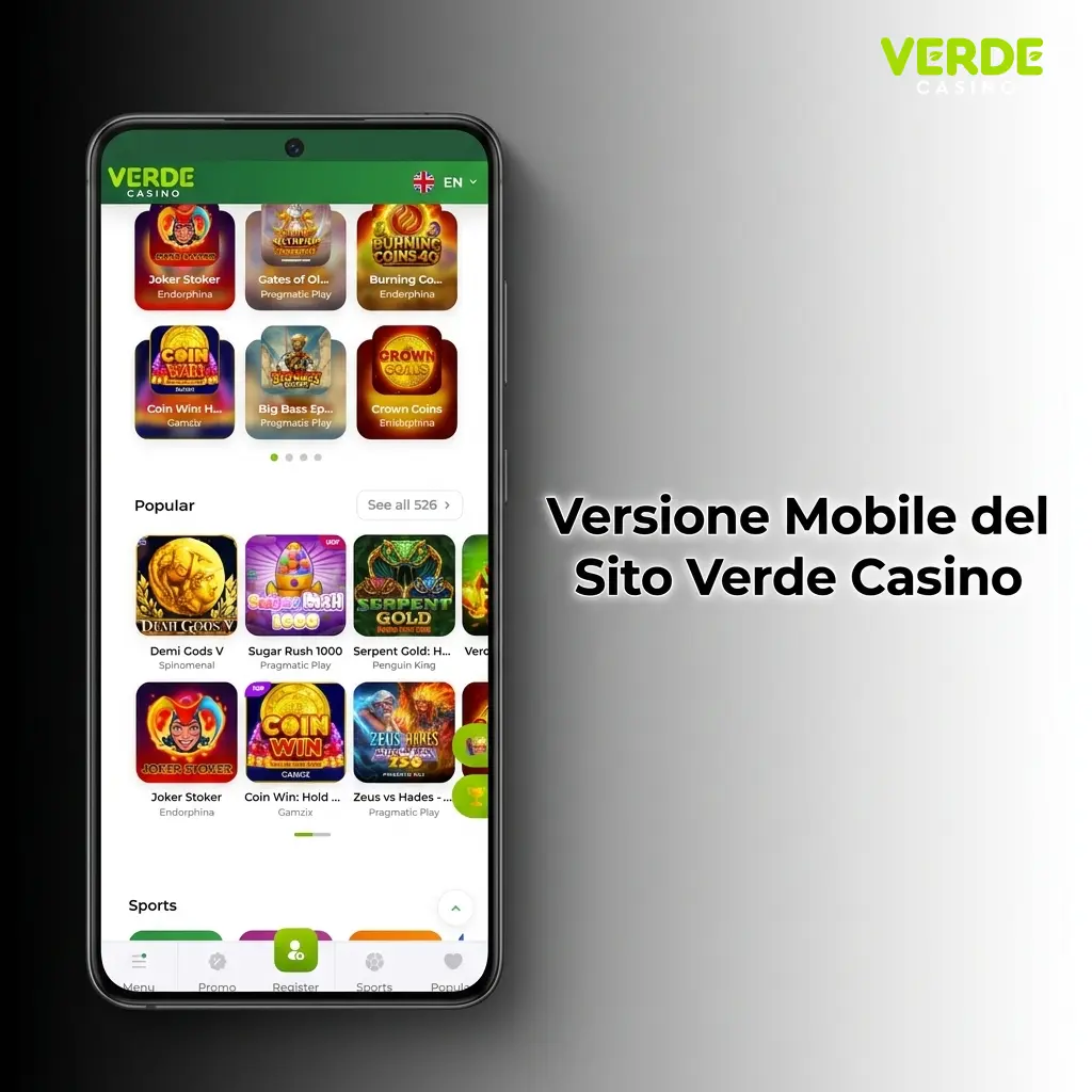 Versione mobile di Verde Casino accessibile da smartphone e tablet tramite browser, con tutti i servizi disponibili
